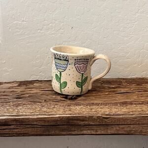 Studio Art Pottery Mug 3.5" Hand Painted Flowers Multicolor Glazed